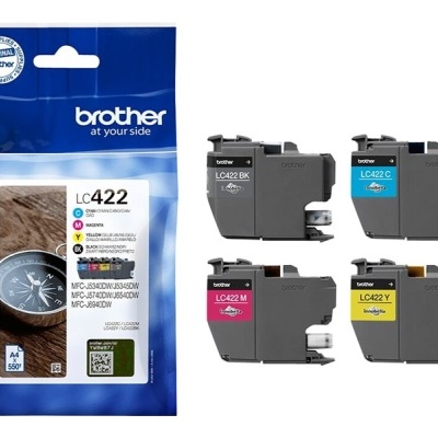 Conjunto de quatro tinteiros de impressora Brother LC422 com embalagem azul e branco atrás