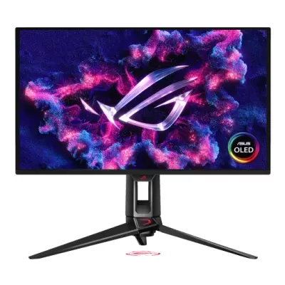 Monitor ASUS OLED em negro com suporte.