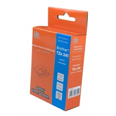 Caixa de fita para etiqueta Brother TZe 241 laminada preto em branco com embalagem laranja e azul