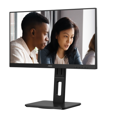 Monitor preto AOC com imagem de duas pessoas a olhar para o ecrã