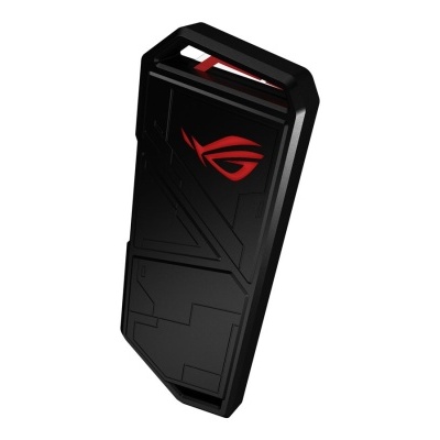Dispositivo USB preto com logotipo ROG vermelho e textura geométrica