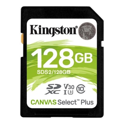 Cartão de memória SD Kingston 128GB preto com etiqueta branca e verde