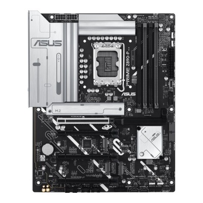 Placa-mãe ASUS PRIME Z690-P preta e cinzenta com dissipadores metálicos e quatro slots de RAM DDR5