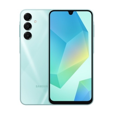 Smartphone Samsung azul claro com três câmaras e ecrã grande