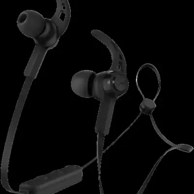 Auriculares sem fios pretos com suporte auricular e controlo remoto.