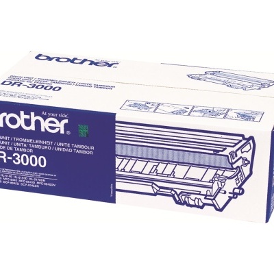 Embalagem branca e azul para unidade de tambor Brother DR-3000 com texto e ilustração técnica.