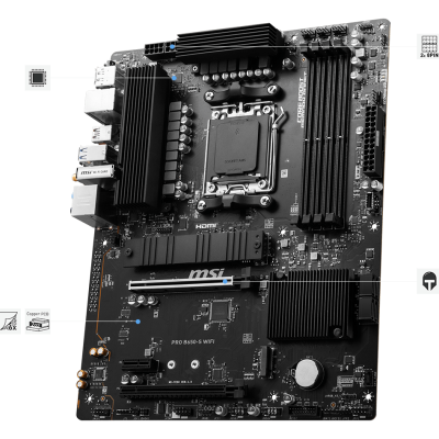 Imagem de uma placa-mãe MSI PRO B660-S WIFI DDR4 preta com dissipadores de calor e vários slots e conectores.