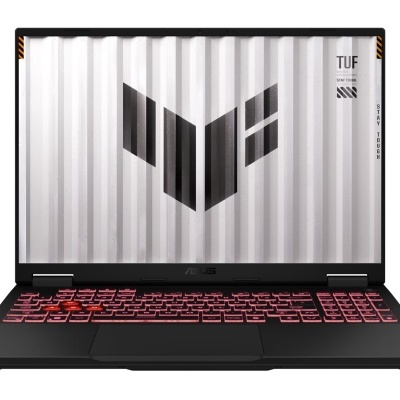 Portátil preto ASUS TUF com ecrã cinza metálico e teclado vermelho