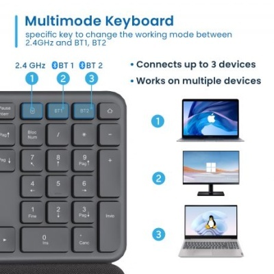 Teclado multimodal preto com teclado numérico e teclas para 2.4GHz, BT1, BT2, ao lado laptops e monitor