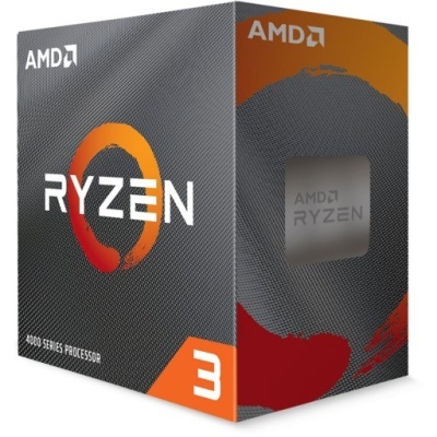 Embalagem de processador AMD Ryzen 3 série 4000 com design cinzento, laranja e vermelho