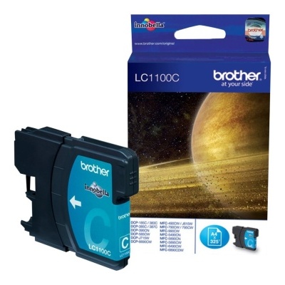 Cartucho de tinta Brother LC1100C ciano com embalagem azul e imagem do planeta Saturno
