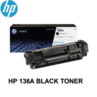 Cartucho de toner preto HP 136A com embalagem preta e azul