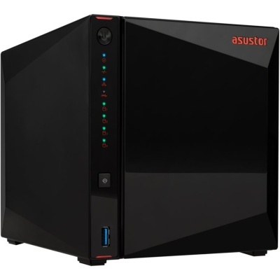 Dispositivo NAS preto ASUSTOR com luzes LED e porta USB