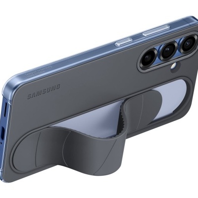 Smartphone cinzento Samsung com pulseira de suporte preta para posição horizontal