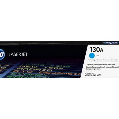 Cartucho de toner HP LaserJet 130A ciano em embalagem preta e branca