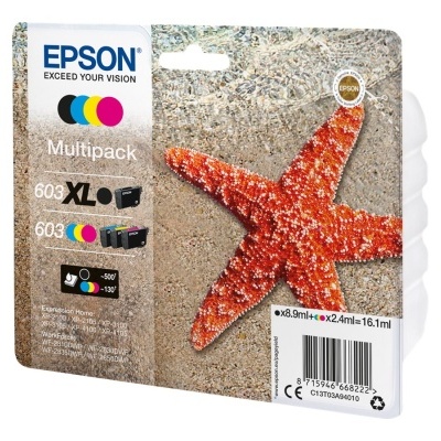 Embalagem de multipack de tinteiros Epson 603XL com estrela-do-mar vermelha na areia