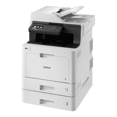 Impressora multifunções Brother branca com painel de controlo preto e alimentador automático
