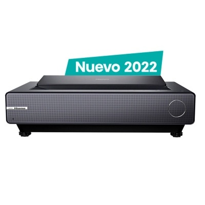 Projetor ultracurto preto Hisense com texto 'Nuevo 2022'