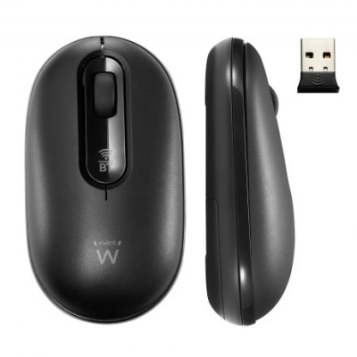 Rato wireless preto com roda de scroll e receptor USB