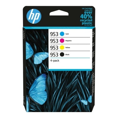 Embalagem de cartuchos de tinta HP 953 com design azul e preto e texto sobre plástico reciclado