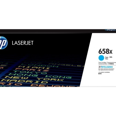 Caixa de toner HP LaserJet 658X cor ciano com design de nomes de cidades