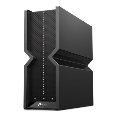 Roteador TP-Link preto com textura perfurada e luzes indicadoras