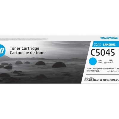 Embalagem de toner HP cyan modelo C504S com texto e imagem a preto e branco
