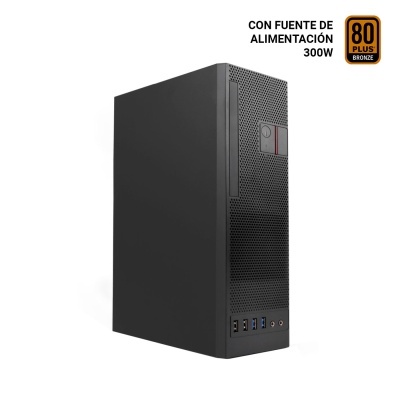 Computador desktop preto com textura perfurada na frente e várias portas na base