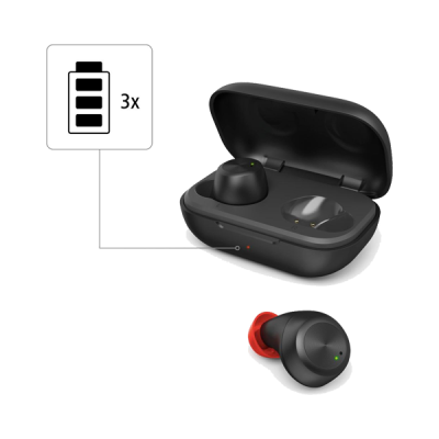 Auriculares sem fios pretos com estojo de carregamento aberto