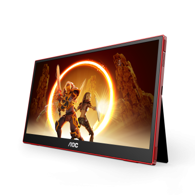 Monitor portátil AOC com imagens de jogo no ecrã e suporte integrado