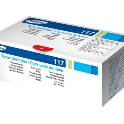 Cartucho de toner Samsung 117 em embalagem branca com detalhes coloridos