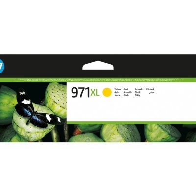 Embalagem preta de tinta HP 971XL amarelo com imagem de frutos verdes e borboleta