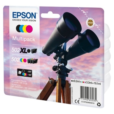 Embalagem cartucho de tinta Epson Multipack 502XL com imagem de telescópio e tripé