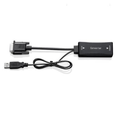 Conversor preto com cabo USB e conetor VGA com texto Converter, Input, Output