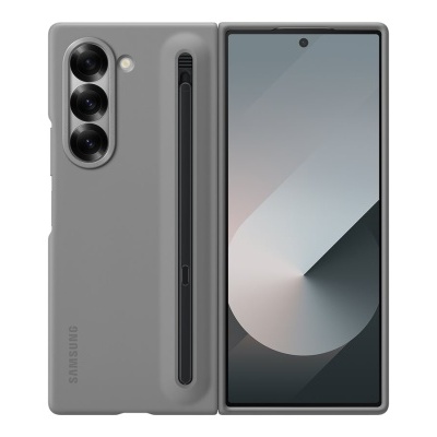 Smartphone cinza Samsung com capa e suporte para caneta