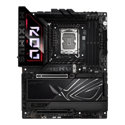 Placa-mãe ASUS ROG Maximus Hero preta com iluminação LED colorida e textos visíveis