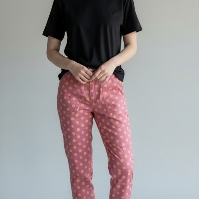 Modelo veste calças rosa com bolinhas laranja, camisola preta e sapatilhas brancas