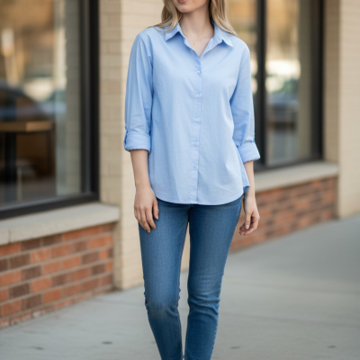 Mulher com camisa azul clara, jeans e sapatilhas brancas a caminhar numa rua urbana