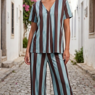 Conjunto de pijama às riscas azuis claras e castanhas com t-shirt e calças largas