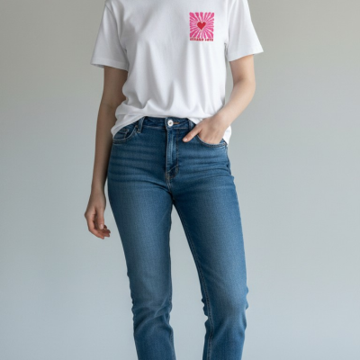Mulher a vestir t-shirt branca com padrão rosa e coração vermelho, calças de ganga azuis e sapatilhas brancas