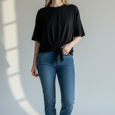 Mulher com t-shirt preta, jeans azul e sapatilhas brancas em fundo neutro