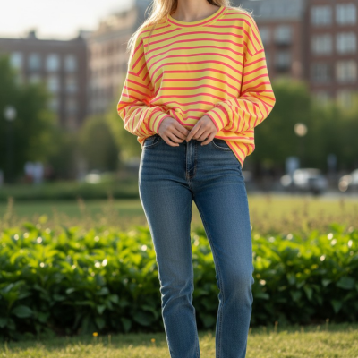 Mulher com t-shirt riscada laranja e jeans num parque urbano