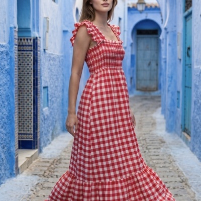 Vestido comprido vermelho e branco aos quadrados numa rua azul