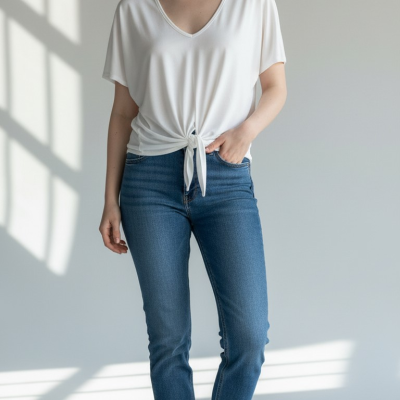 Mulher com t-shirt branca com nó frontal, jeans azuis e ténis brancos