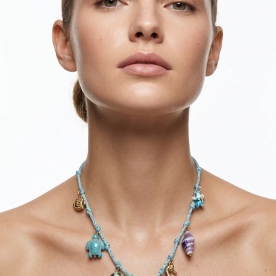 Colar azul trançado com vários pendentes do mar em modelo feminina