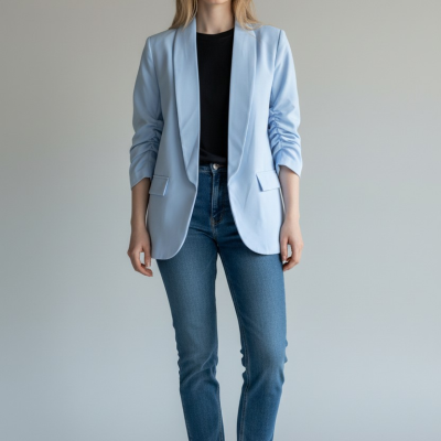 Mulher com blazer azul claro e jeans azuis