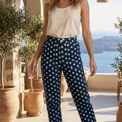 Calças azuis com bolas brancas e blusa creme, sandálias castanhas, com vaso de barro e paisagem de mar
