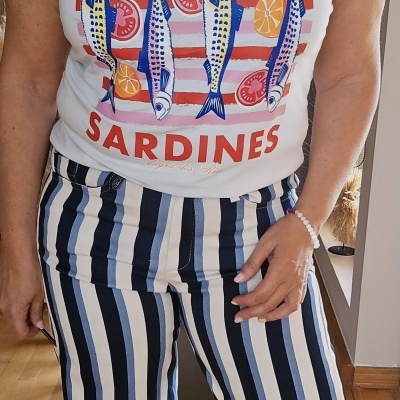 T-shirt branca com estampa colorida de sardinhas e calças às riscas verticais em tons de azul, preto e bege.