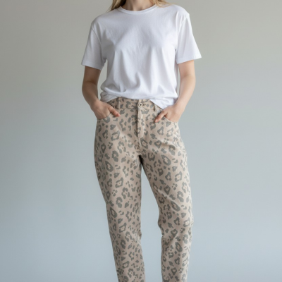 Mulher com t-shirt branca, calças animal print bege e sapatilhas brancas