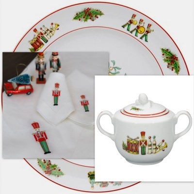 Conjunto de loiça e tecidos com motivos natalícios coloridos